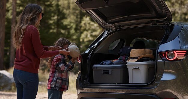 A family loading luggage into the spacious trunk of the 2025 Honda CR-V Hybrid. The focus is on the trunk's depth and width, highlighting its practicality for various cargo needs and showcasing the ease of loading and unloading items.