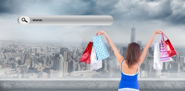 A split screen showing online shopping on one side and in-store shopping on the other, with a magnifying glass over price tags.