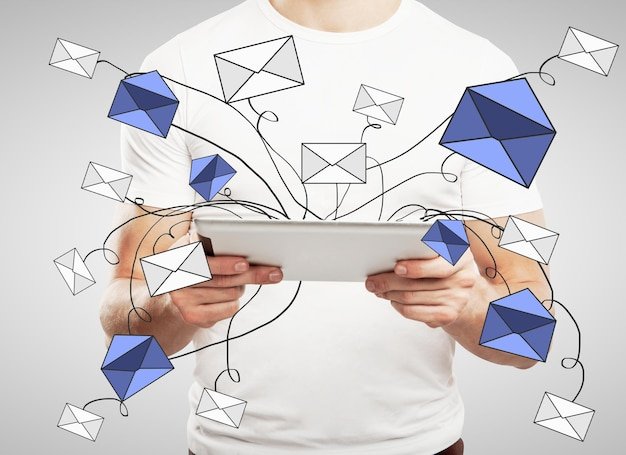 A visual representing Sendinblue's multi-channel marketing approach, featuring email, SMS, and chat functionalities integrated into a single platform.