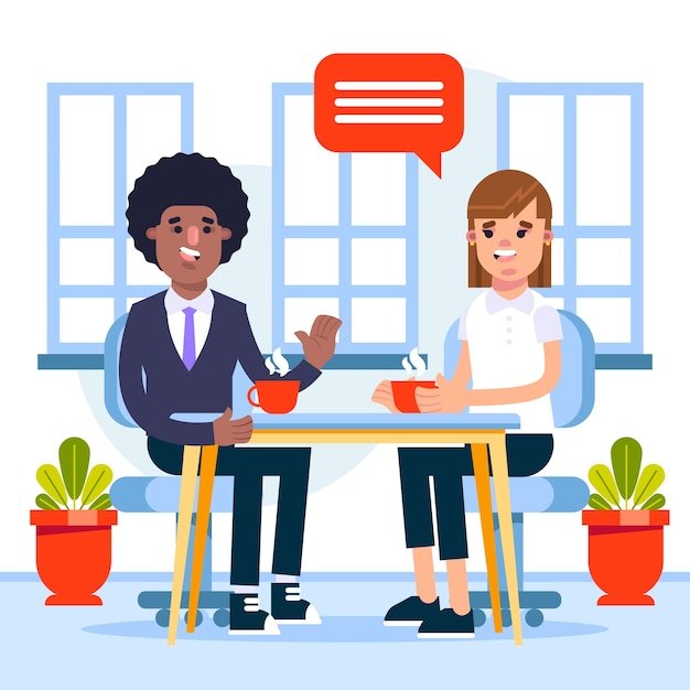 Two people sitting at a table in an office, engaging in a friendly and open conversation with paperwork on the table, representing a negotiation scenario.