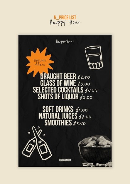 An inviting image of a restaurant's happy hour menu, clearly displaying special prices for drinks and appetizers. The menu is well-lit and easy to read, with enticing descriptions and vibrant images of the food and beverages on offer. The setting is a cozy bar or lounge area, creating a welcoming atmosphere.