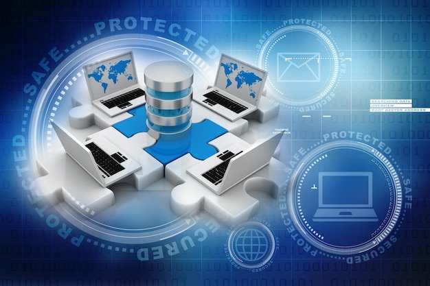 A graphical representation of a network security system with interconnected devices, highlighting the protection against intrusion and data breaches. The design incorporates elements of digital locks and security shields.