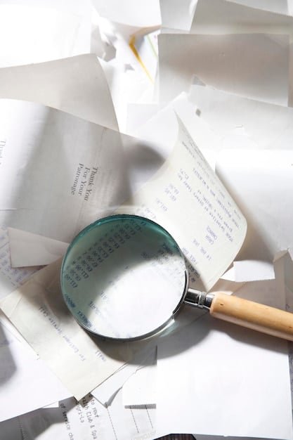 A person holding a magnifying glass over a complex warranty document. The background consists of stacked receipts and repair bills.