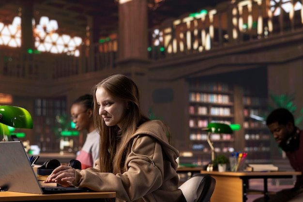 A student smiling and using a laptop in a library setting, with a graphic overlay emphasizing educational pricing and student discounts on technology products.