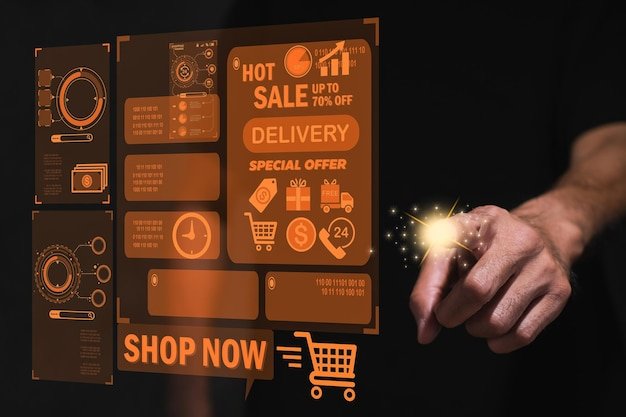 A digital interface showcasing various products with discounted prices during a flash sale. The screen is filled with product images, each labeled with its original price crossed out and the new, reduced price prominently displayed. A countdown timer ticks urgently, emphasizing the limited-time nature of the deals.