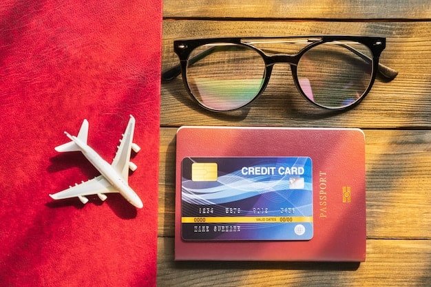 A close-up of a credit card with a travel-related design, such as an airplane or a globe. The card is resting on a map, with various travel documents and accessories scattered around it, creating a sense of wanderlust and preparation for a trip.