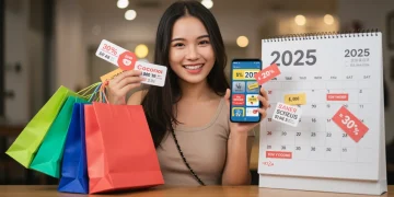 Person smiling, holding phone with online coupons, surrounded by shopping bags and 2025 calendar.