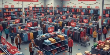 After-Christmas clearance sale displays with 50-70% off signage and shoppers browsing discounted merchandise in retail store