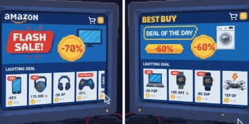 Comparison of Amazon Lightning Deals and Best Buy Flash Sales promotions on mobile and desktop screens with discount badges