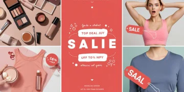 Collage of cosmetics, clothing, and activewear items with sale tags, representing 2025's top deals.