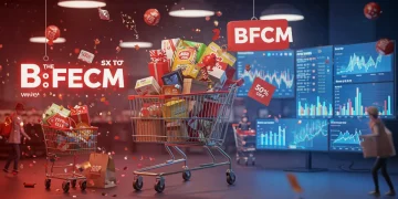 Shopping cart filled with products, digital sales data, and a bustling BFCM shopping scene.