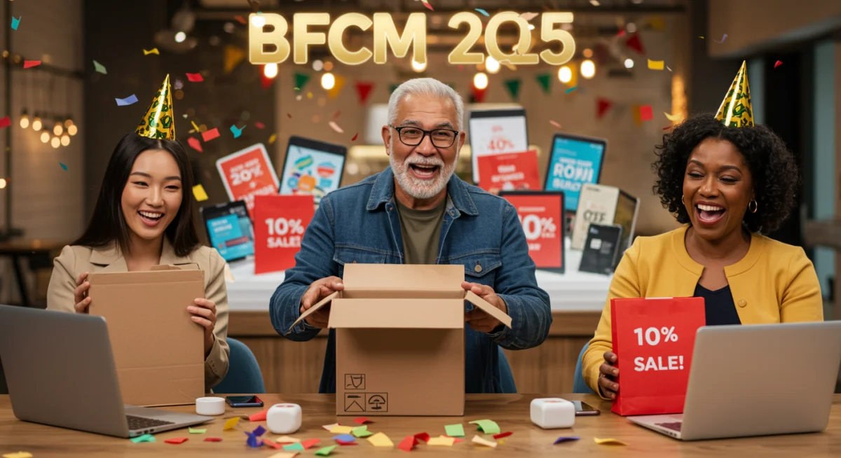 Happy customers unboxing purchases after successful BFCM 2025 online shopping