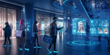Futuristic shoppers engaging with personalized deals on AR displays during 2025 BFCM