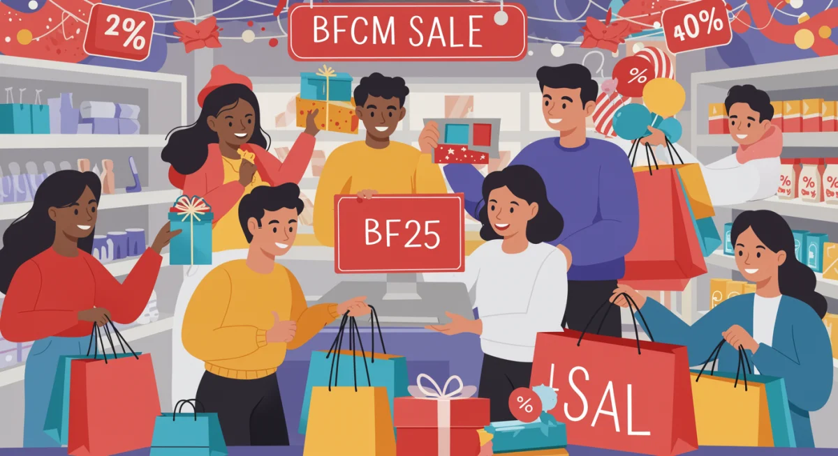 Diverse shoppers engaged in online and in-store purchases during BFCM 2025.