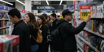 Shoppers examining electronic deals during Black Friday 2025 with visible price increases