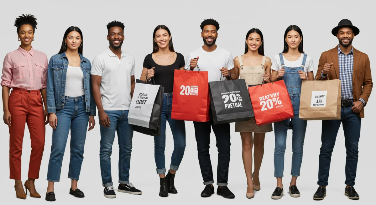 Satisfied shoppers displaying their Black Friday 2025 discounted apparel purchases.