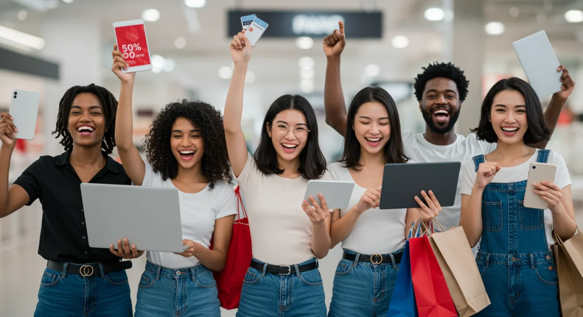 Diverse shoppers enjoying Black November 2025 extended deals online and in stores.