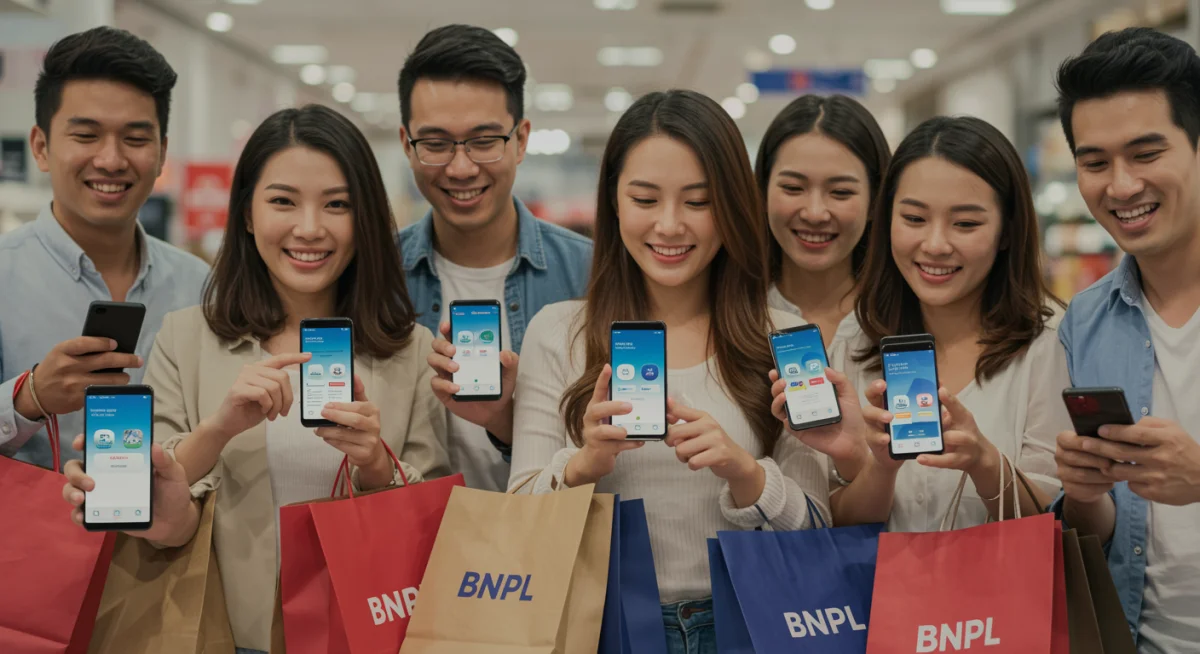 Consumers happily using BNPL apps for purchases in a modern shopping setting