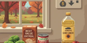 Kitchen counter with budget-friendly groceries and calculator showing cost savings from October budget decline