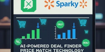 ChatGPT and Walmart Sparky AI shopping assistants displayed on laptop with price comparison and discount graphics