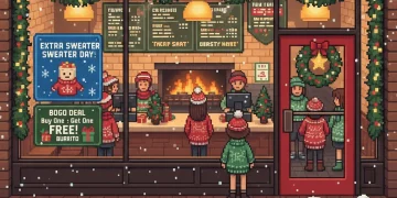 Chipotle restaurant entrance during Extra Sweater Day December 20 promotion with holiday decorations and BOGO signage