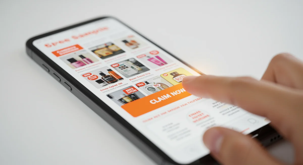 Smartphone showing free sample offers online, with a finger selecting a claim button.