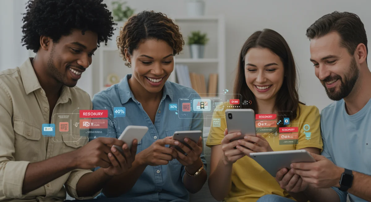 Consumers happily browsing personalized AI-powered deals on mobile devices