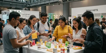 Consumers engaging with free product samples at a promotional event in 2025.
