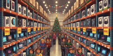 Costco warehouse displaying tech gadgets on sale with yellow promotion signs during December flash deals