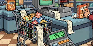 Shopping cart at checkout counter with coupons, receipts, and discount papers showing coupon stacking process