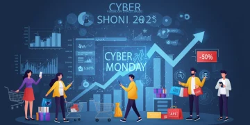 Futuristic shoppers celebrating record Cyber Monday 2025 sales digitally