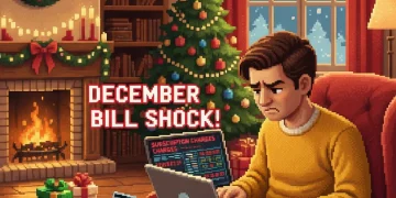 Consumer reviewing unwanted subscription charges on laptop during holiday season with credit card nearby