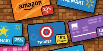 Discount gift cards from popular retailers displayed with savings percentage tags