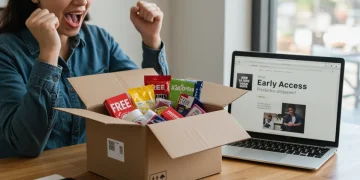 Excited person unboxing free sample products from an early access program