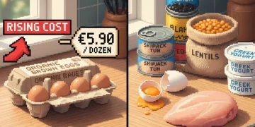 Comparison of expensive eggs versus affordable protein alternatives like beans, lentils, chicken, and Greek yogurt on a kitchen counter