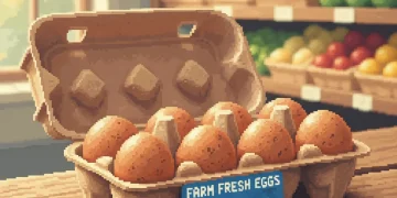 Fresh brown eggs in cardboard carton on grocery store shelf with price tag visible