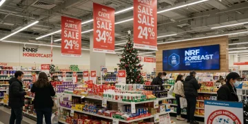 Festive retail store with shoppers, banners, and digital display for NRF Holiday Forecast 2025
