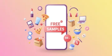 Smartphone with free sample notification, surrounded by various product icons