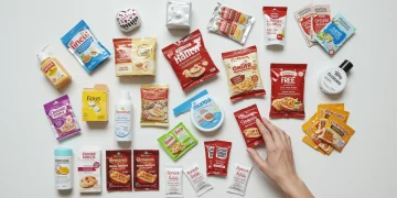 Assortment of free product samples, including beauty, food, and home goods, arranged on a table.