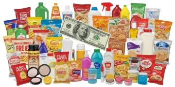 Variety of free samples including beauty products, snacks, and household goods, with a hundred-dollar bill.