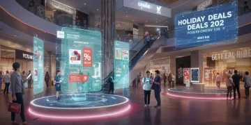 Futuristic shoppers discovering AI-powered holiday deals