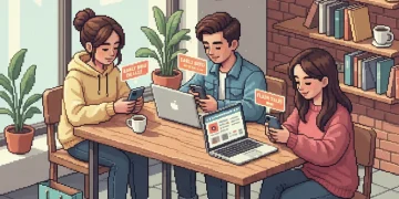 Gen Z shoppers browsing early bird discounts on mobile devices and laptops with shopping bags nearby