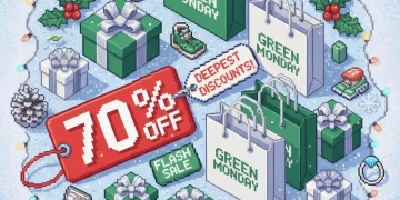 Shopping bags with discount tags and gift boxes representing Green Monday December 8 deals across different retail categories