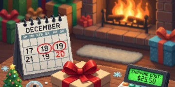 Holiday shipping deadline calendar with December 17-20 dates marked and calculator showing shipping costs