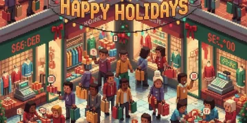 Holiday shoppers browsing merchandise and comparing prices in a decorated retail store during the 2025 holiday season