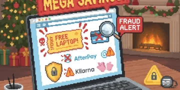 Holiday shopping scam warning visual showing fake coupon sites and BNPL payment traps with fraud detection symbols