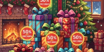 Stack of colorful subscription boxes with holiday ribbons and 50% off discount badges displayed prominently