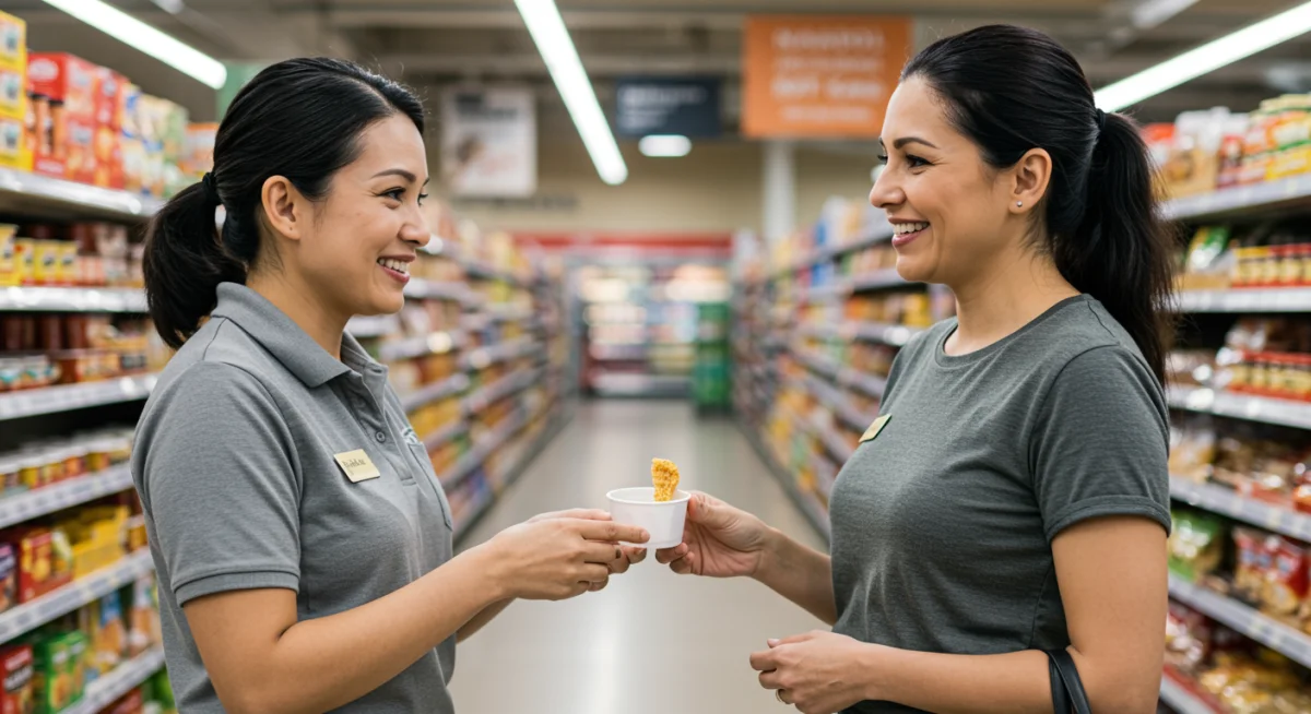 Customer receiving a free food sample from a demonstrator in a supermarket.