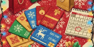 Assorted gift cards displayed with holiday decorations and a December countdown timer, representing last-minute holiday shopping promotions