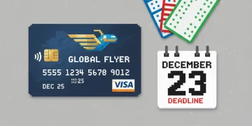 Credit cards with airline loyalty program logos and calendar showing December 23 deadline for 100 percent bonus miles offers
